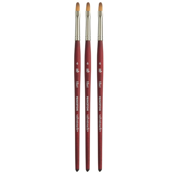 Princeton Velvetouch Filbert Brush, Synthetic Bristles, Short Handle Mixed Media Paintbrush, Scarlet, Size 4, Pack of 3