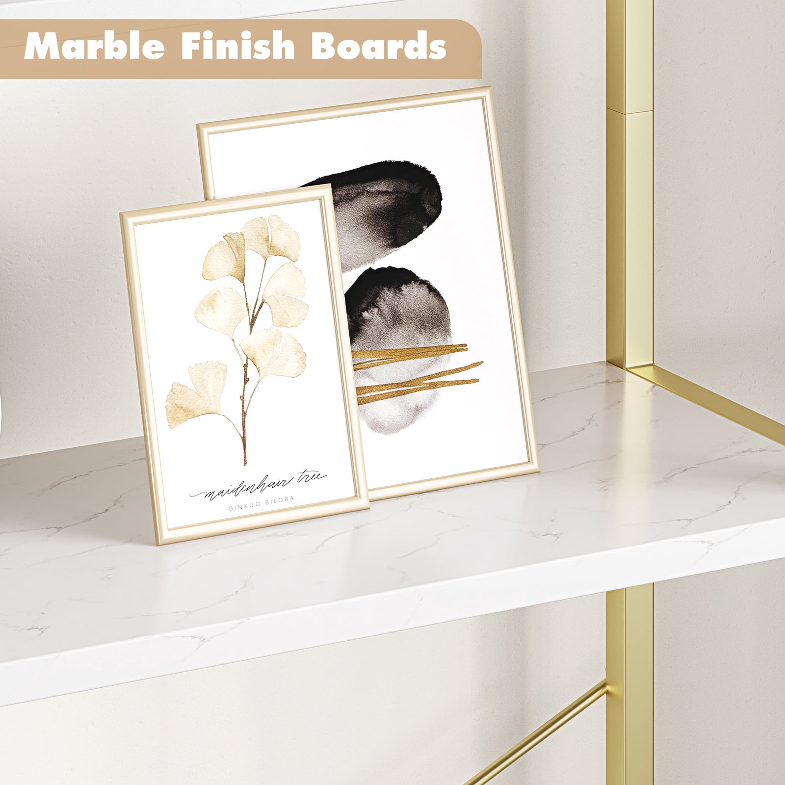 Yesfashion Bookshelf 5 Tier Bookcase Arched Display Racks Tall Standing Bookshelves Mental Frame Modern Storage Rack Shelf Large Wood Book Shelf for Bedroom, Living Room, Home Office, White/Gold