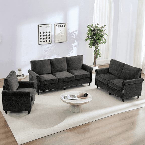 BALUS Modern 3 Pieces of Loveseat and Sofa Set, Chenille Fabric and Solid Wood Frame, Sectional Sofa Set for Living Room, Black