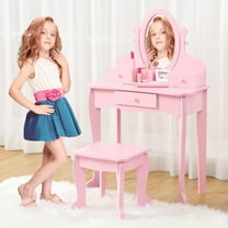 Kids Makeup Table and Dress Up Playset  Wooden Vanity Set for Girls Ages 4-9 with Mirror & Stool -  for Bedroom or Playroom Furniture