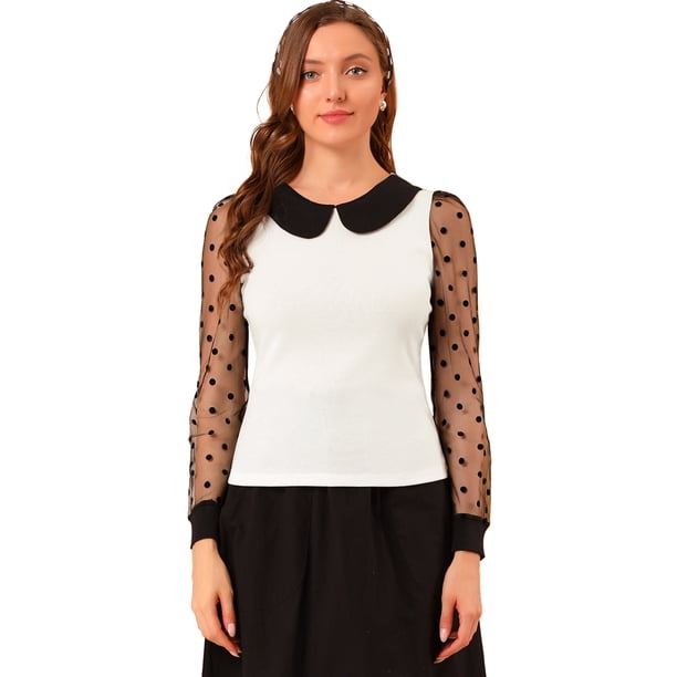 Blusa Allegra K de Manga con Lunares transparentes de malla color blanco XS con cuello Peter Pan