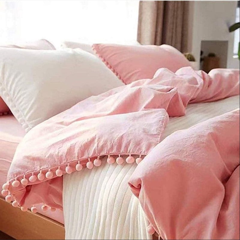 Pavish Export Pom Pom Cotton Duvet Cover In Pink Boho Bedding 100% Cotton Duvet Cover Set With 2 Pillow Case Cotton Bohemian Duvet Set Queen