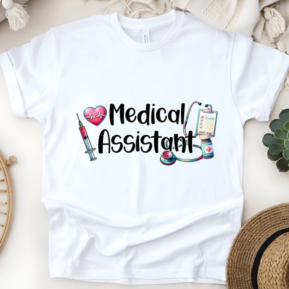 Medical Assistant Shirt | Stethoscope Syringe Healthcare Tee, White, Size S