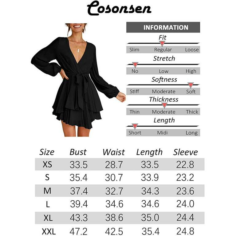 Cosonsen Women's Dress Deep V-Neck Long Sleeve Waist Tie Ruffle Mini Swing  Skater Dresses at  Women’s Clothing store