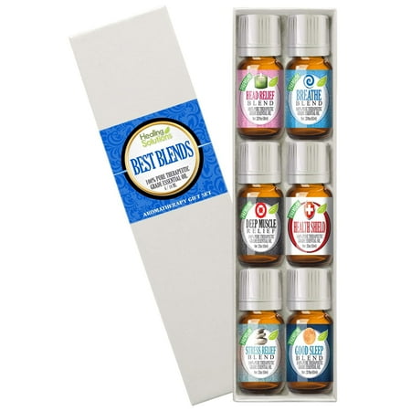Healing Solutions - Best Blends Essential Oils Set (6x10ml) Pure for Gift Diffusers, Home (Breathe, Sleep, Relief, Muscle Relief, Stress Relief, Health Shield)