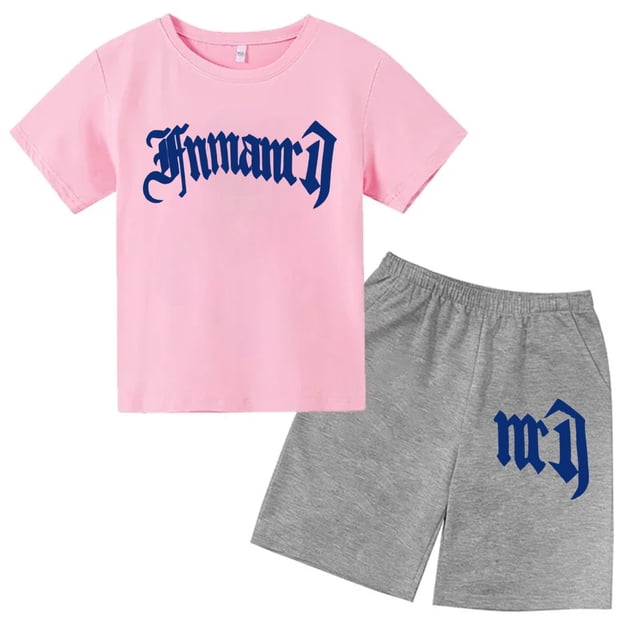 Ensemble 2 Pcs T-Shirt d'Été pour Enfants à Imprimé de Marque Gothique Haut + Short Ensemble 2 Pcs Manches Courtes Décontracté Mode Garçons Fille Enfant