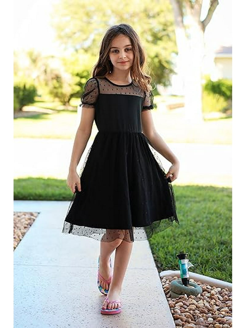 Oudiya Girls Contrast Mesh Short Sleeve Dress Puffy Casual A Line Party Black Dress for Kids 3-12y, Girl's, Size: 10-11Y