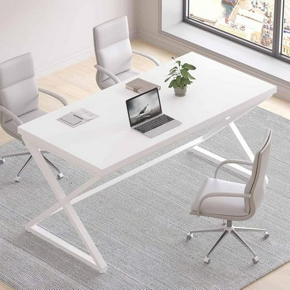 IBF White Computer Desk, Modern Home Office Desk for Writing Work Study, Simple Wooden Metal Pc Gaming Desk in Bedroom, Executive Laptop Workstation Computer Table, White Oak, 55 I