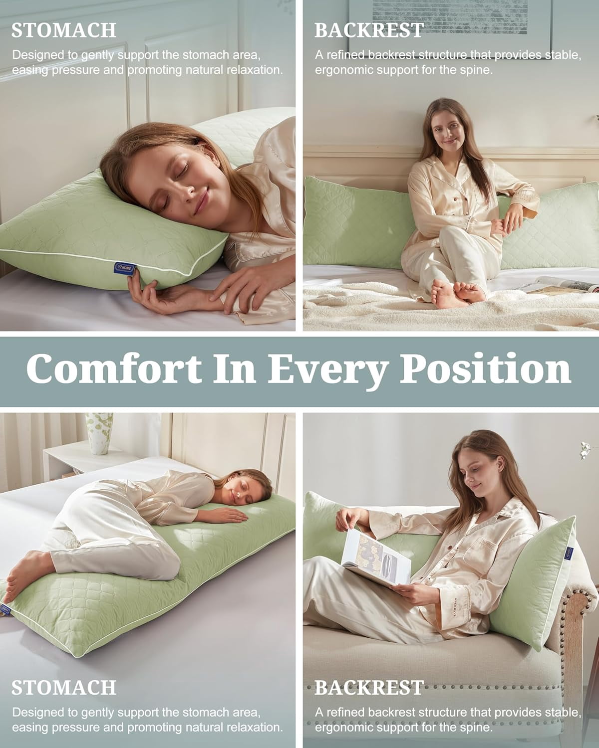 Parojati Long Body Pillow for Adults - Firm Body Pillow Insert with Shredded White Memory Foam, Adjustable Height, Soft Support for Side Sleeping, Pregnant Women, Washable (Green, 20x54 inch)