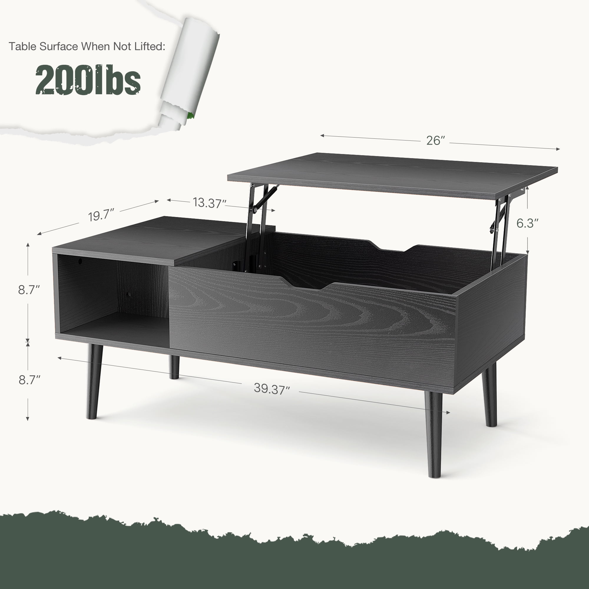 Gianna 39.4"Lx19.6"Wx17.4"H Wood Lift Top Coffee Table with Hidden Compartment and Adjustable Storage Shelf