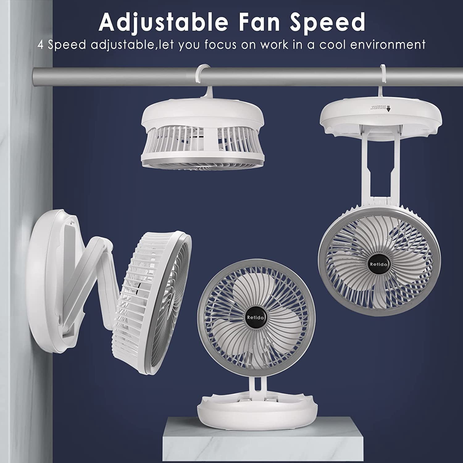 Gigicial 7 in 4-Speed USB Rechargeable Portable Camping Fan