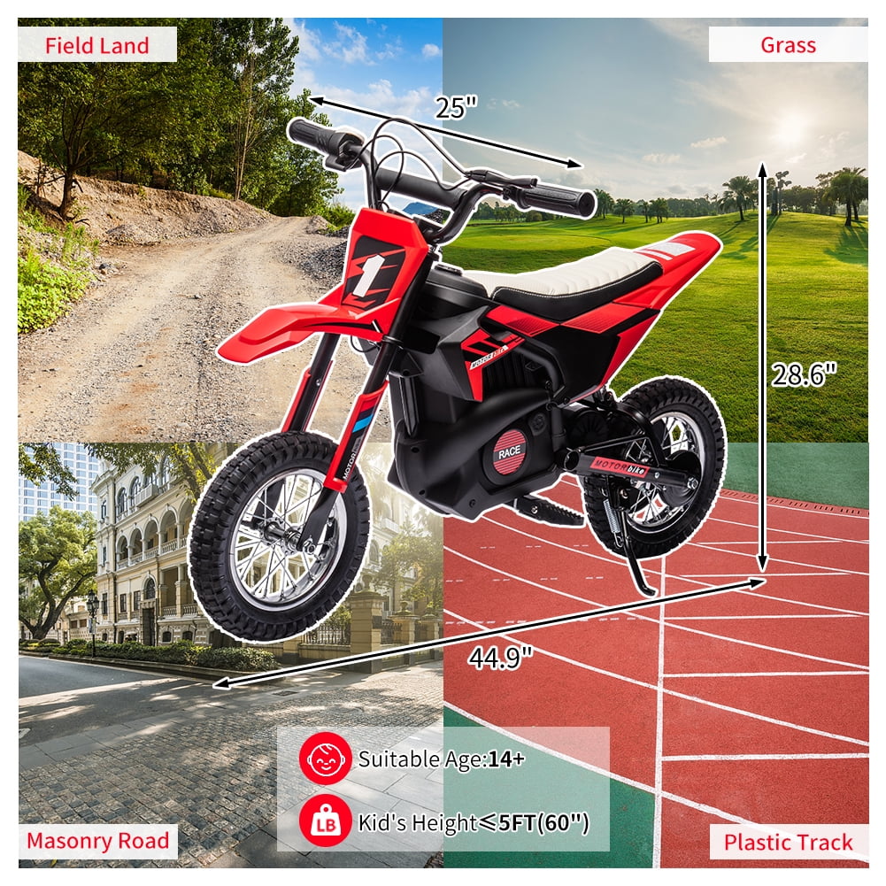 Kojooin 24V Ride on Motorcycle,13.6MPH Fast Speed Electric Battery-Powered,250W Strong Motor,Chain-Driven,Leather Seat,Disc Brake,Red