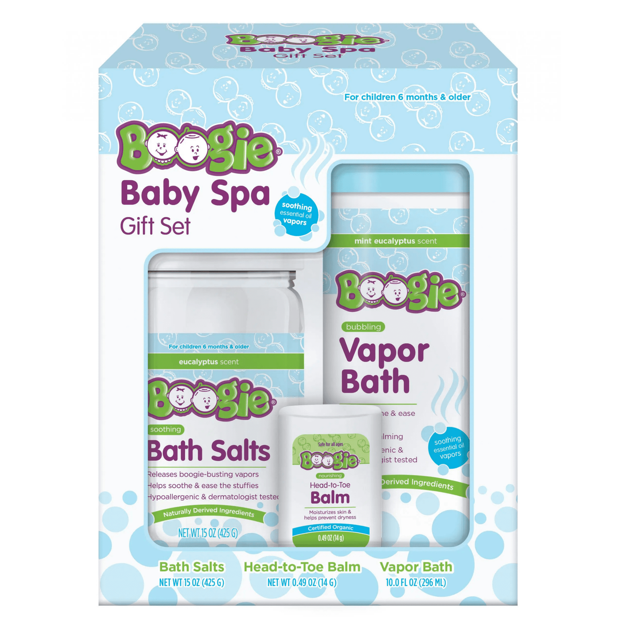 Boogie Baby Spa Set with Bubbling Vapor Bath, Soothing Bath Salts, and Head-to-Toe Balm Stick