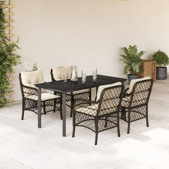 vidaXL 5 Piece Patio Dining Set with Cushions Brown Poly Rattan