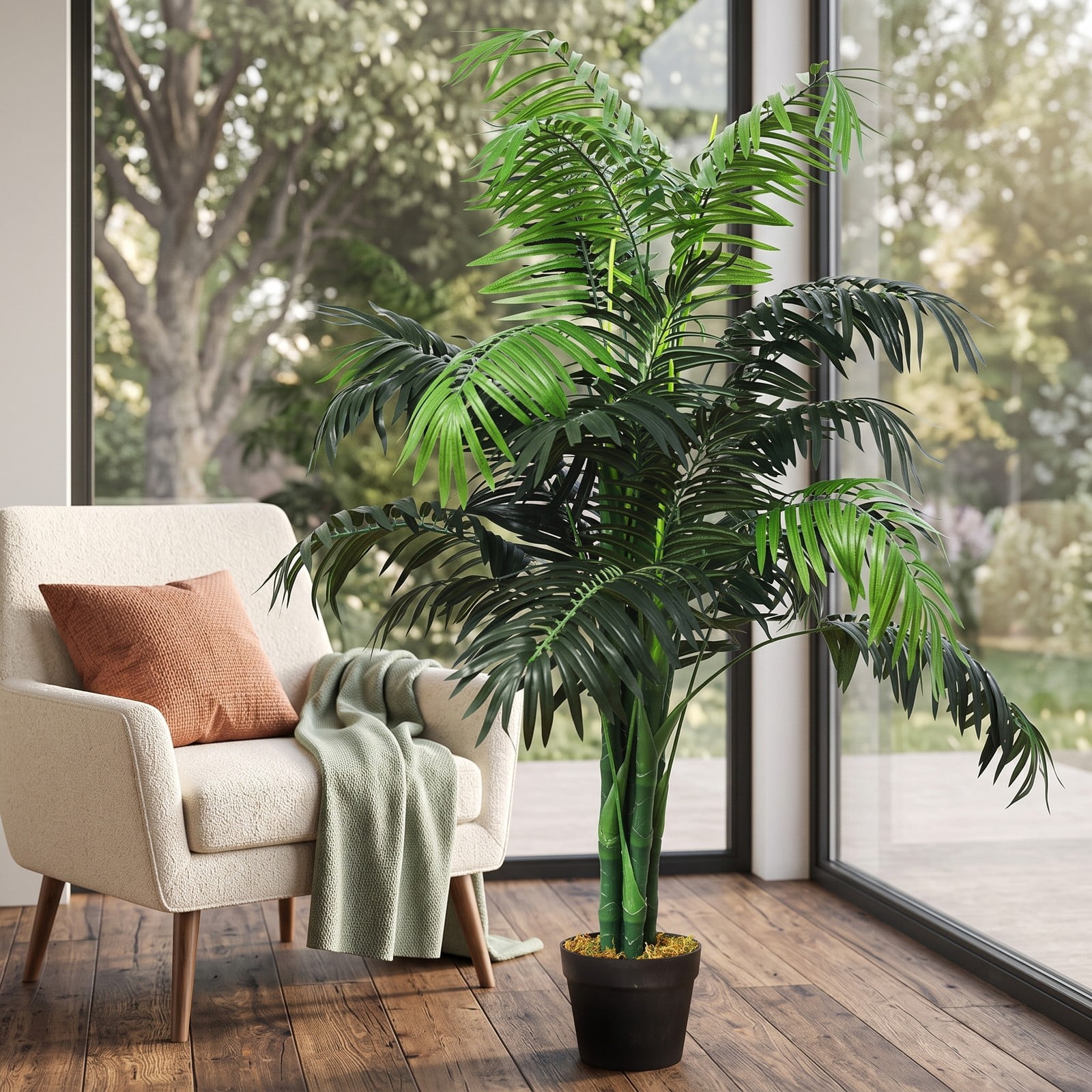 ALPULON 3.5 Feet Artificial Areca Palm Tree, Faux Silk Palm Plant with Basket Pot, 43 Inch Tall Fake Tropical Tree for Home Office Living Room Indoor Decor, Green