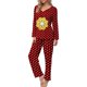 thumbnail image 1 of Puntoco Traje De Manga Larga + Pantalones Con Cuello En V Estampado Informal A La Moda Para Mujer Rojo L, 1 of 6