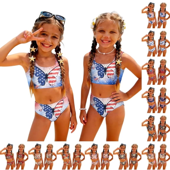 4th of July Girls Swimsuit Size 6-7 Two Piece Sets Patriotic Bikinis Beach Vacation Summer Sleeveless American Flag Butterfly Girls Clothes Kids Swim Suit Swimwear Dark Blue 5-6 Years
