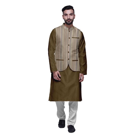 Atasi Kurta Solid Churidar Pajama & Printed Nehru Jacket Set For Mens Party Wear