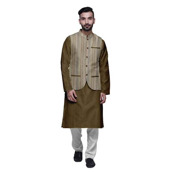 Atasi Kurta Solid Churidar Pajama & Printed Nehru Jacket Set For Mens Party Wear