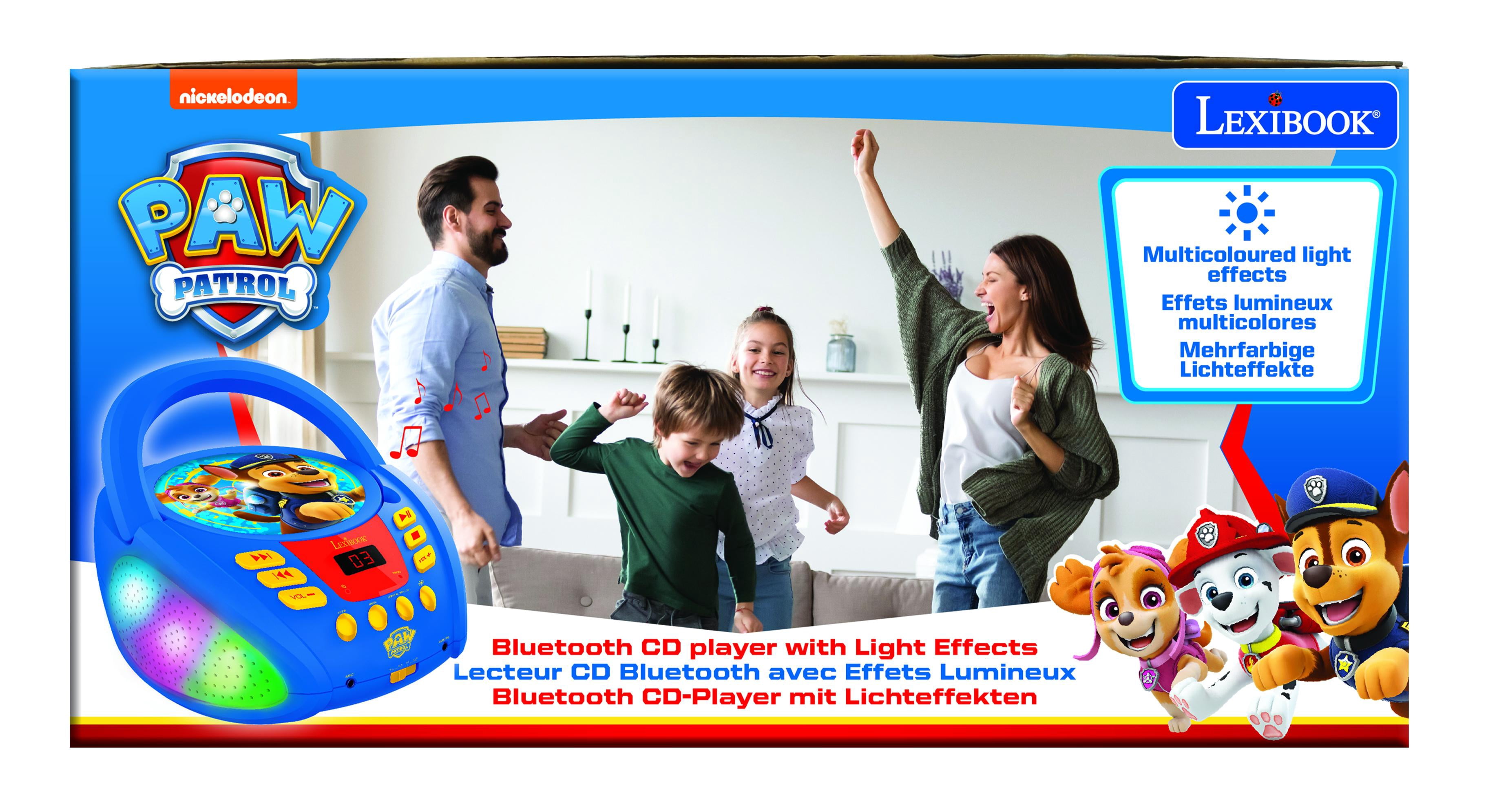 Lexibook - Paw Patrol - Bluetooth CD player for kids – Portable, Multicoloured light effects, Microphone jack, Aux-in jack, AC or battery-operated, Girls, Boys, Blue/Red