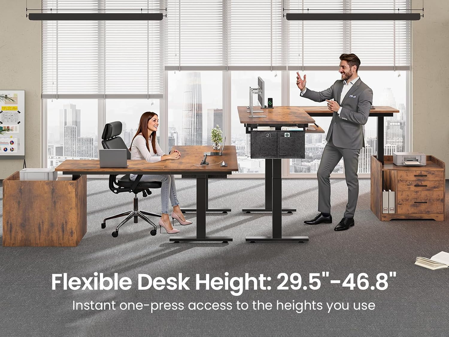 SEDETA Electric Standing Desk with Storage, L Shaped Desk with Drawers & Power Outlets, Home Office Desk with File Drawer, Keyboard Tray and Storage Bag, 63" × 53" Large Stand Up Desk, Rustic Brown