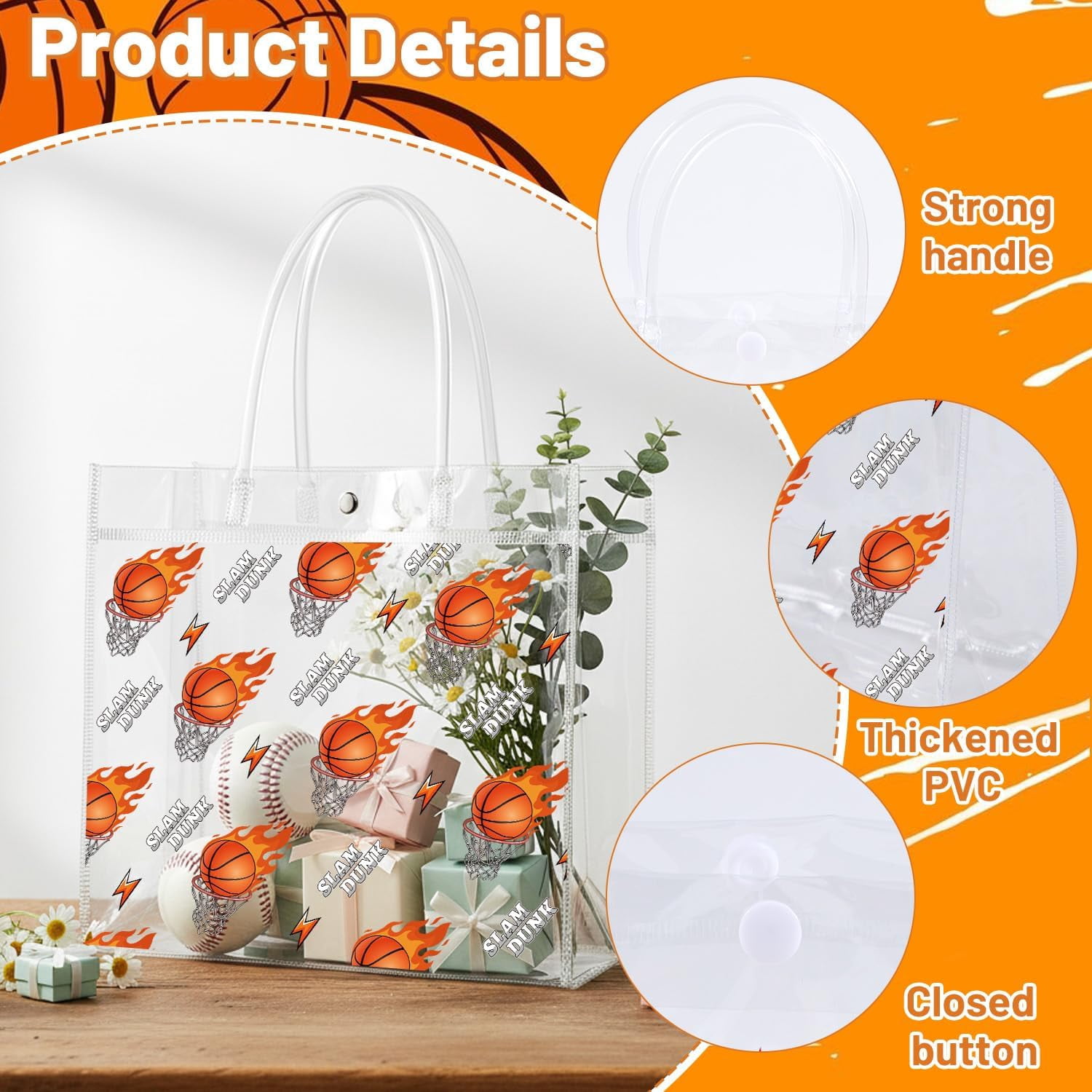 Basketball Clear Gift Bags - 20Pcs March Basketball Madness Clear PVC Goodie Candy Treat Bags with Handle Sport Themed Handbag for Indoor Outdoor Team Game Sports Theme Activities Supplies