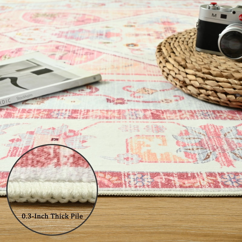 FULIE Bohemian Area Rug 4'x6'Rug Machine Washable for Living Room/Dining Room/Bedroom,Pink