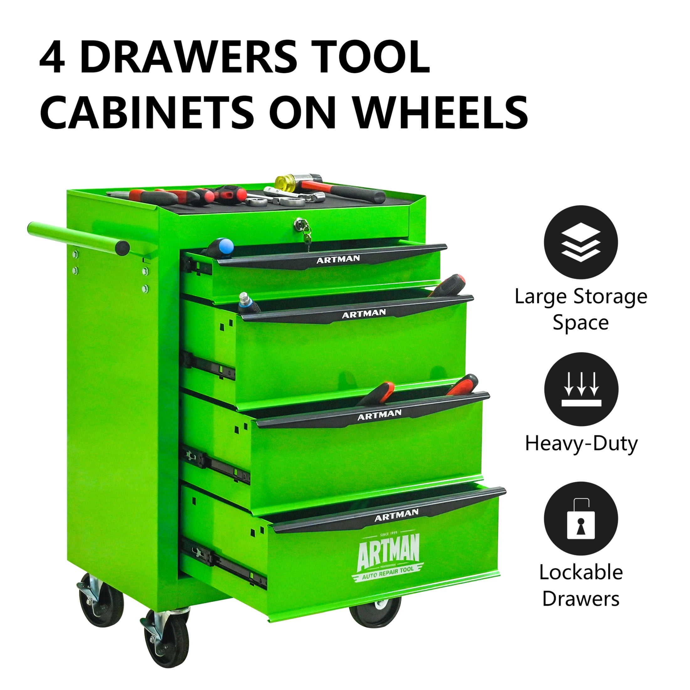 Noble House 4-Drawer Mobile Steel Tool Organizer with Key Lock, Ball Bearing Slide Storage Cabinet Box, Green