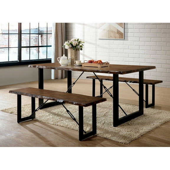 Furniture of America Jared 3 Piece Rustic Dining Table Set, Walnut Finish