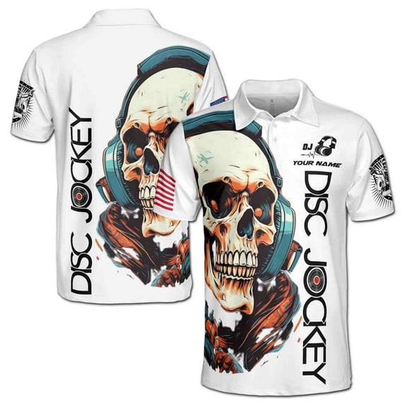 Customized Name Disc Jockey Skull DJ Men's Polo Shirt S-5XL