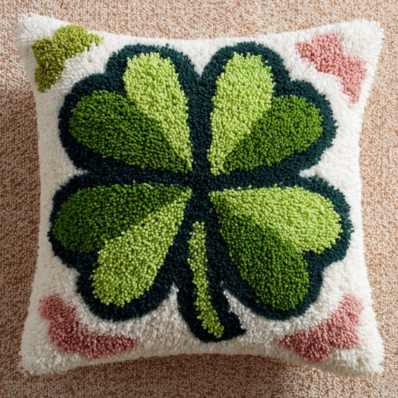 DIY Latch Hook Pillow Kits, Green four-leaf clover Beginner Cushion Cover Latch Hook Kit 17x17in