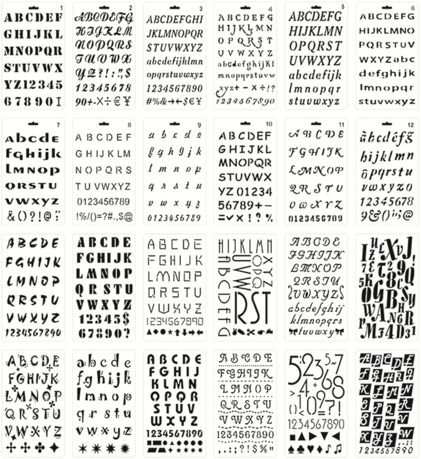 24 PCS Letter and Number Stencils Alphabet Stencil for A5 Bullet Journal Supplies Scrapbooking Painting Drawing Craft for Notebook, Diary, Scrapbook, DIY Drawing Template - 4.×7in