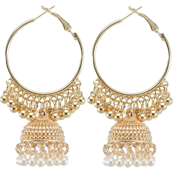 Imitation Pearl Beaded Ball Jhunka Bell Indian Style Statement Dangle Drop Hoop Earrings for Women Boho Traditional Oxidized Ethnic Bollywood Chandelier Huggie Hoops Earring Vintage Gypsy Jewelry