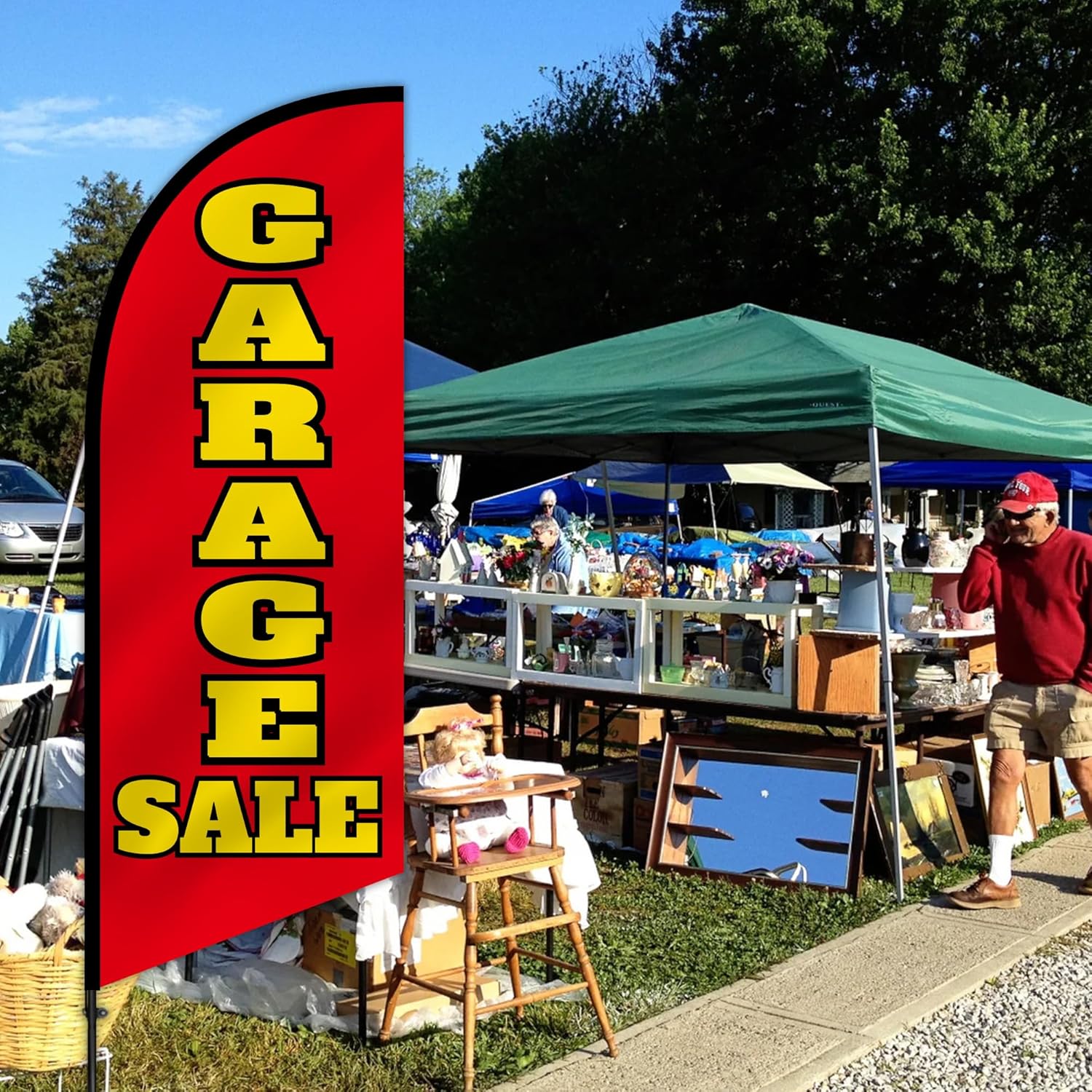 Anley 7.5 FT Garage Sale Feather Flag Banner Kit - Outdoor Swooper Advertising Flags with Pole and Stake - Garage Sale Sign for Home, Neighborhood Sales, Yard Sales - Weather Resistant & Easy Setup