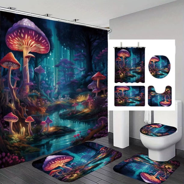Set de 4 piezas para decoración de baño, cortinas de ducha impermeables con forma de hongo 3D