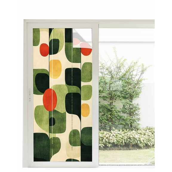 Window Privacy Film Green Abstract Stained Glass Window Film Decorative Sun Block Window Cover Middle Century Minimalist Lines Window Clings Static Adhesive Sticker for Bathroom 35.4"x78.7"