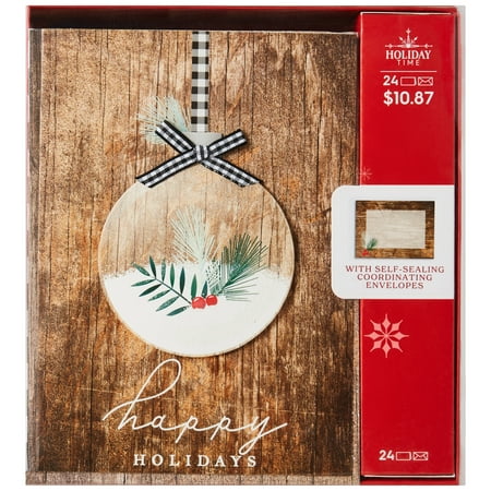 Holiday Time Ornament Boxed Christmas Cards, Relaxed Traditional, Premium Cards, Brown with Buffalo Plaid, 5.6" x 7.75", 24 Count
