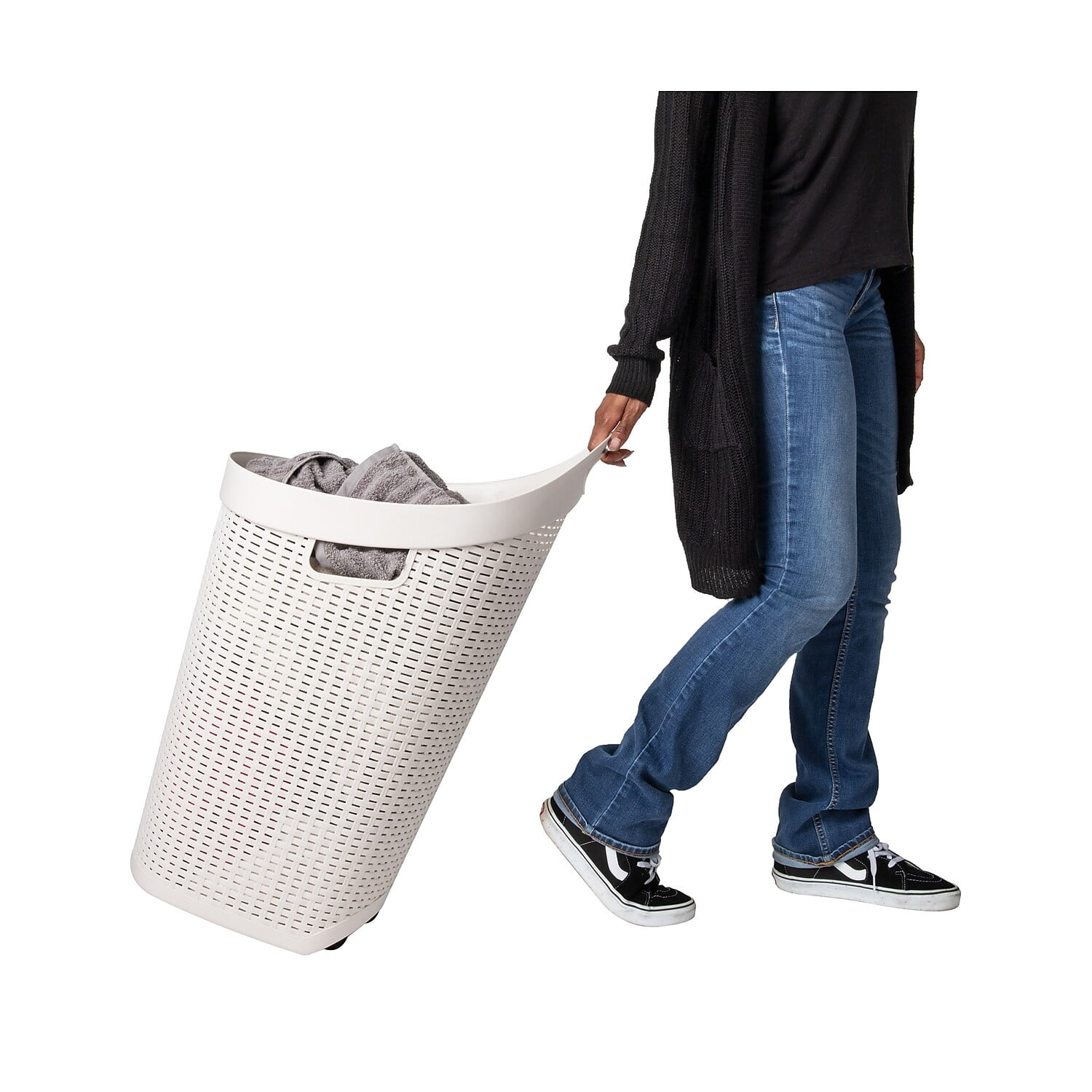Mind Reader 60L Rolling Laundry Hamper, Clothes Basket, Wheels, Plastic, 29.25"H, Ivory