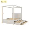 thumbnail image 4 of Full Size Upholstery Canopy Platform Bed with Trundle and 3 Storage Drawers, Solid Wood Captain Bed with 4-Poster Canopy Roof and Strong Slats Support for Bedroom, No Box Spring Needed, Beige, 4 of 7