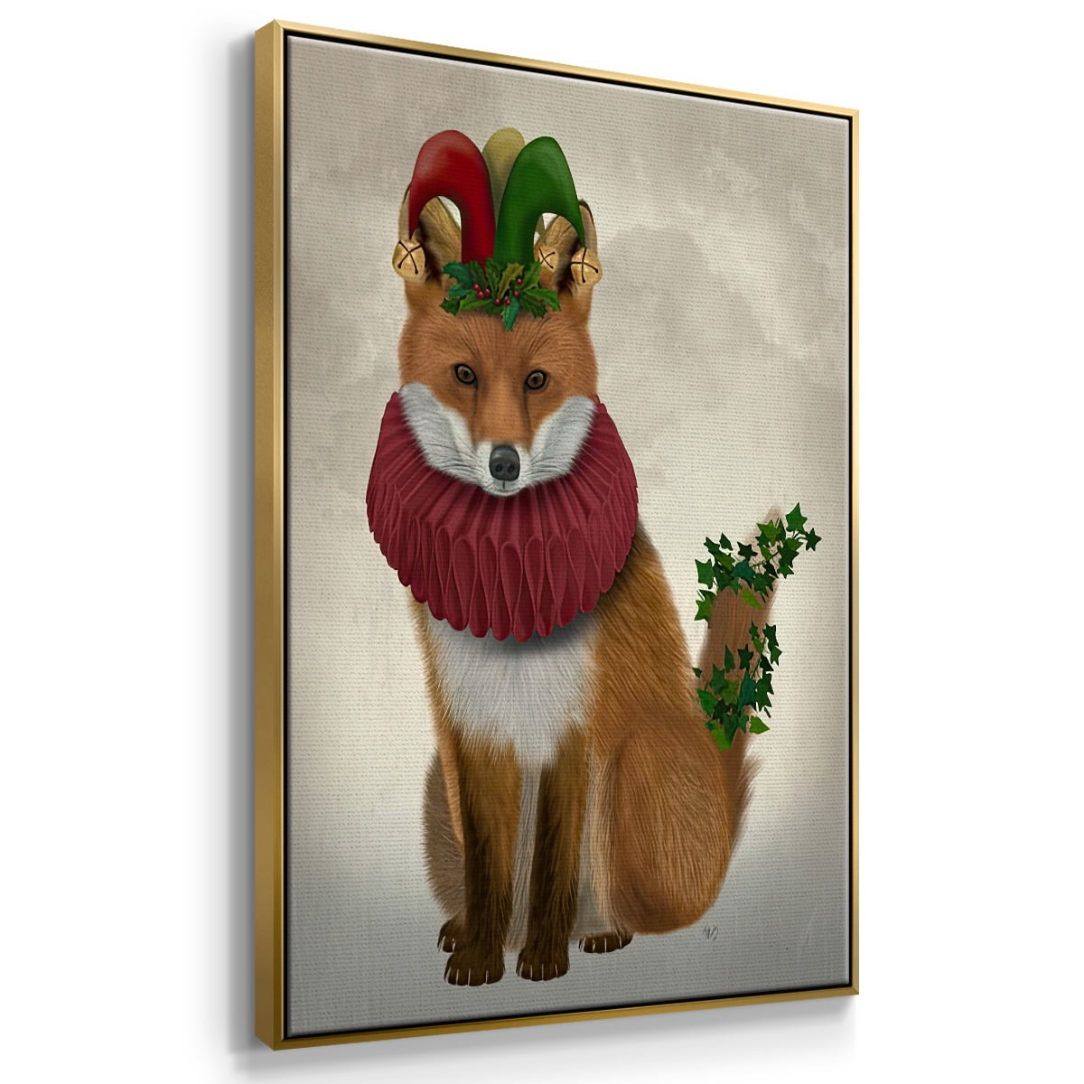 Christmas Holly and Ivy Fox - Framed Gallery Wrapped Holiday Canvas - 17 x 25 - Gold Frame