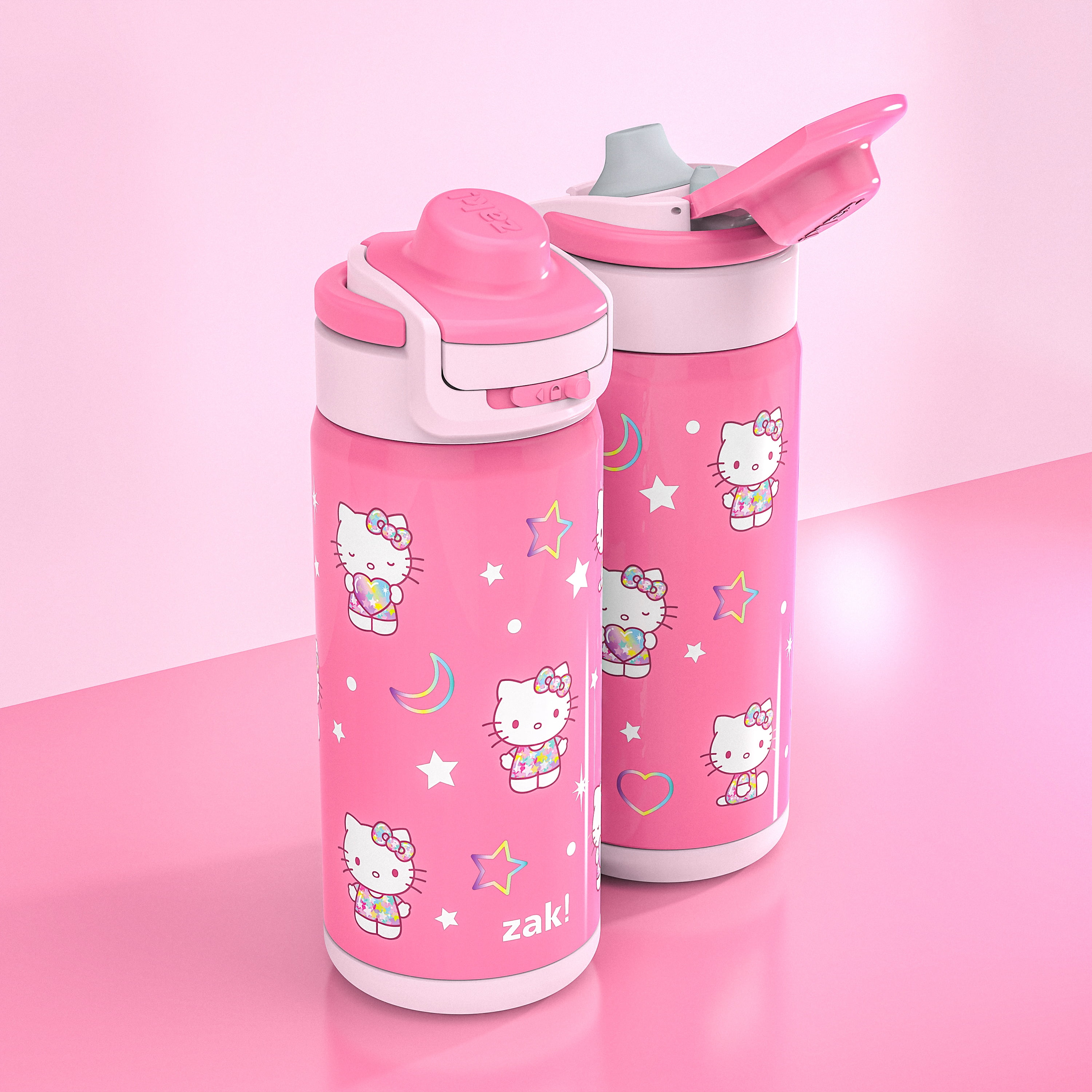 (3 pack) Zak Designs Hello Kitty Kids Insulated Water Bottle with Straw, 14oz Stainless Steel, Leak-Proof, Carry Handle