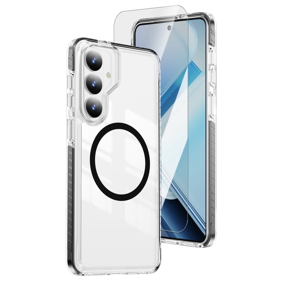 Dteck Magnetic Clear Case with Tempered Glass Screen Protector for Samsung Galaxy S23 Plus , Shockproof TPU PC Case Compatible with Mag Safe Anti-Yellowing Transparent Back Cover,Black