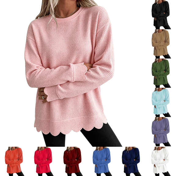 Crewneck Sweatshirts Women Oversized Scalloped Casual Pullover Long Sleeve Comfort Soft Cute Sweater Relaxed Loose Fit Lightweight Loungewear Athletic Daily Trendy Fall Outfits Pink S