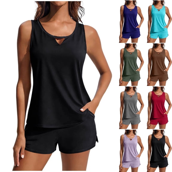 Modest Tankini Swimsuits for Women Two Piece Athletic Womens Bathing Suits Tank Tops with Board Shorts Pockets Loose Split Swimsuit