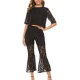 thumbnail image 2 of CHUMUD Lounge Sets for Women Petite 2 Piece Summer Casual Short Sleeve Crop Tops High Waisted Pants Hollow Out Lace Tracksuit Matching Set Party Office Work, 2 of 6