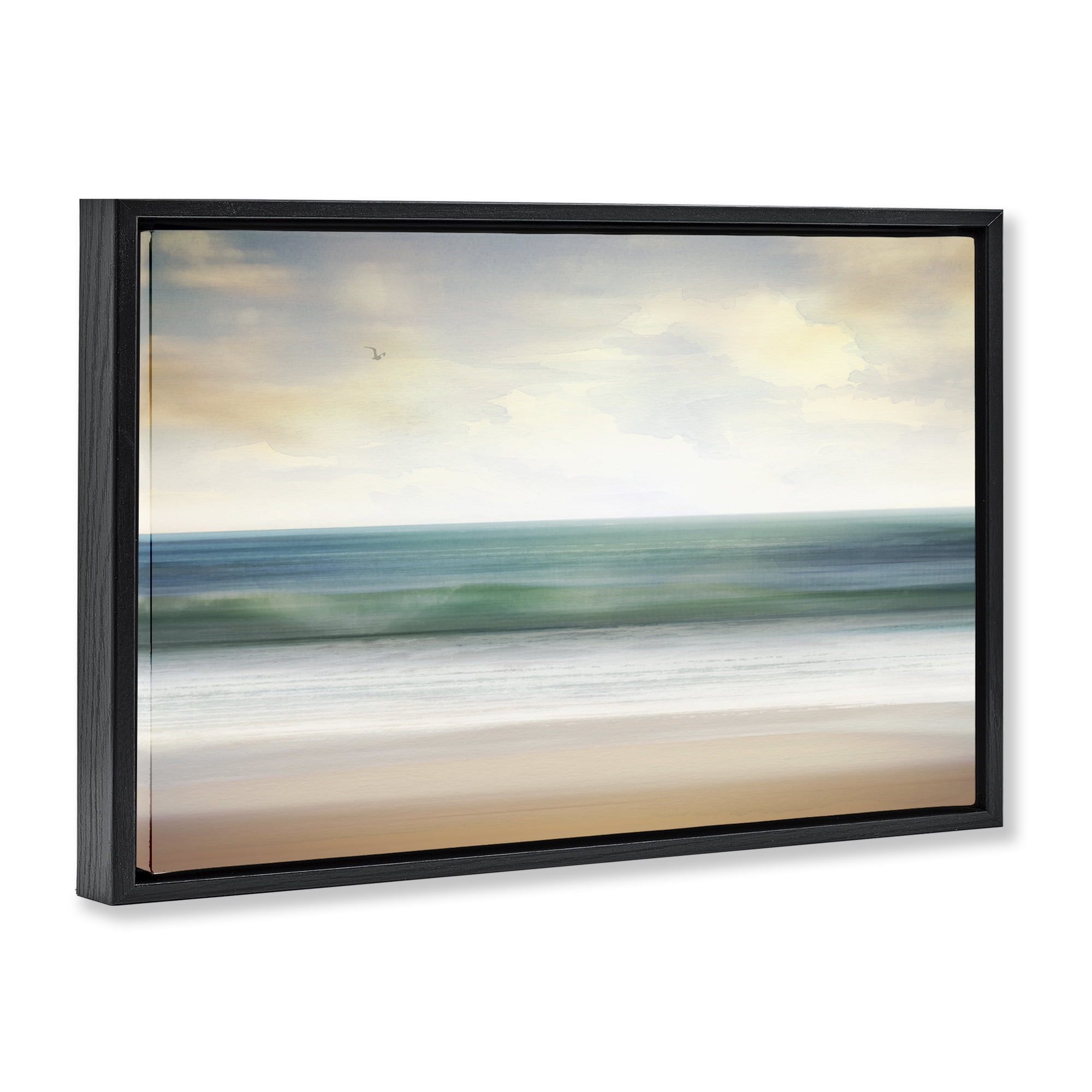 Stupell Industries Lone Seagull Over Beach Landscape Painting Black Floater Framed Canvas Art Print Wall Art, 25 x 17
