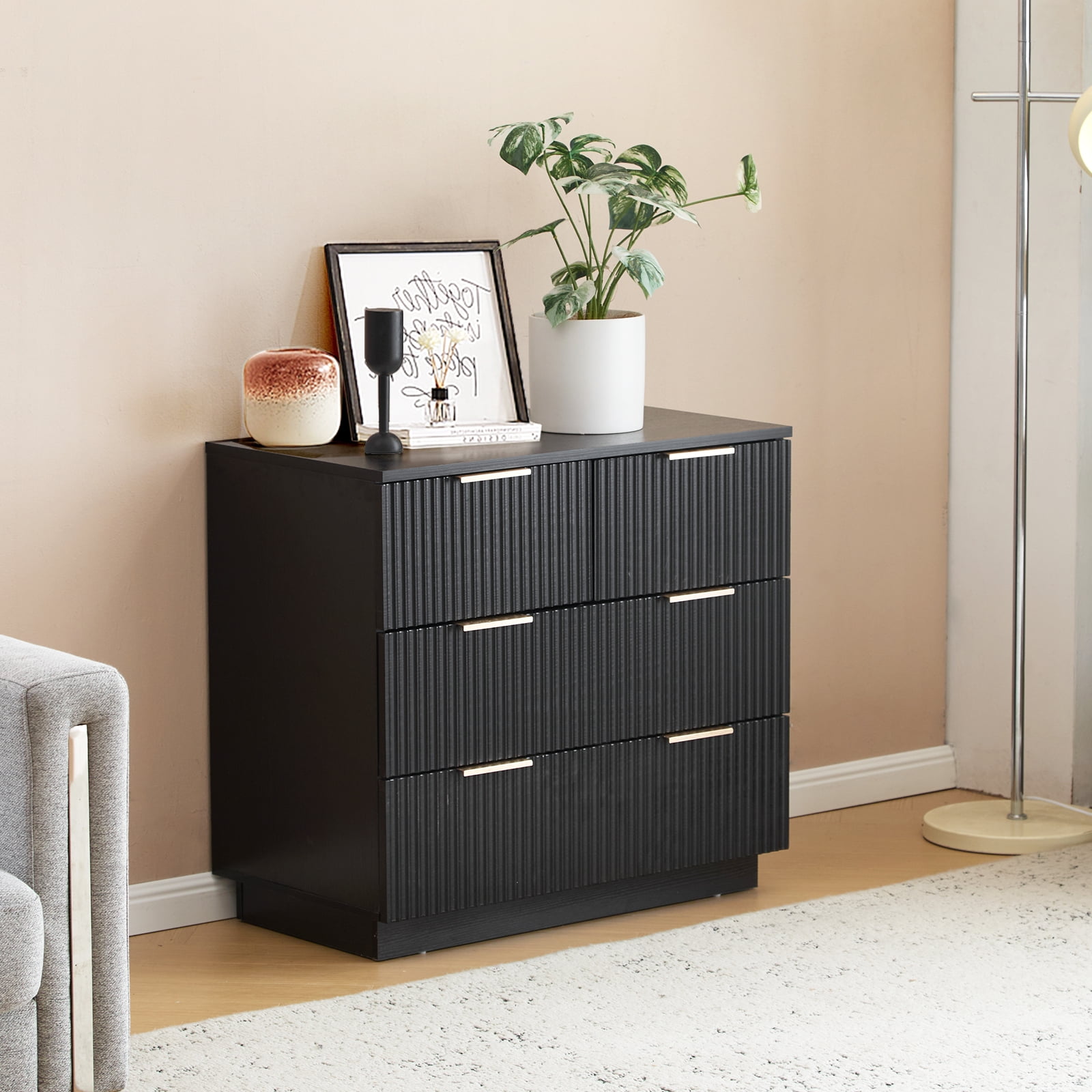 Four-Drawer Bedside Cabinet, Black P2 Particle Board and Density Board Wavy Pattern Drawer Front Three-Level
