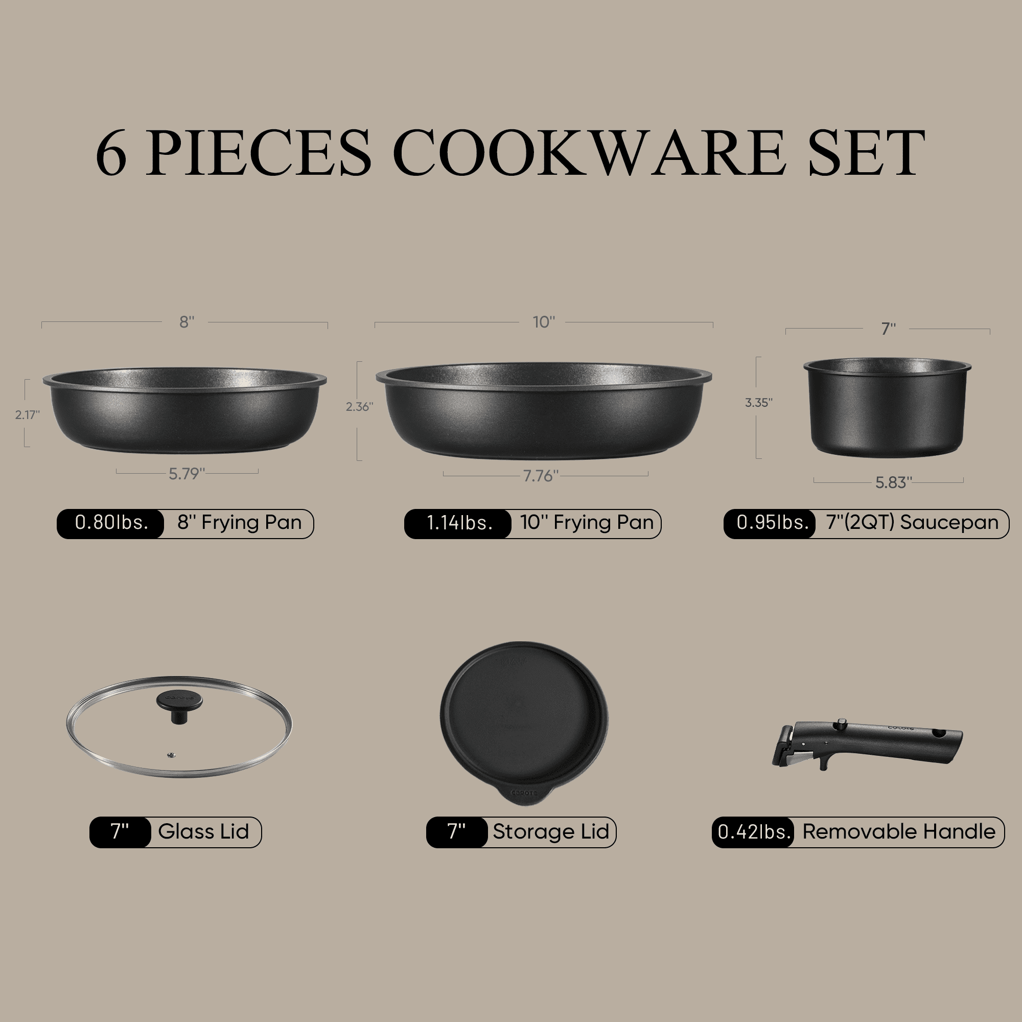 Carote Nonstick Detachable Pots and Pans Set, 6 Pieces Induction Cookware Set, Oven/Dishwasher Safe, Easy for Storage, Black