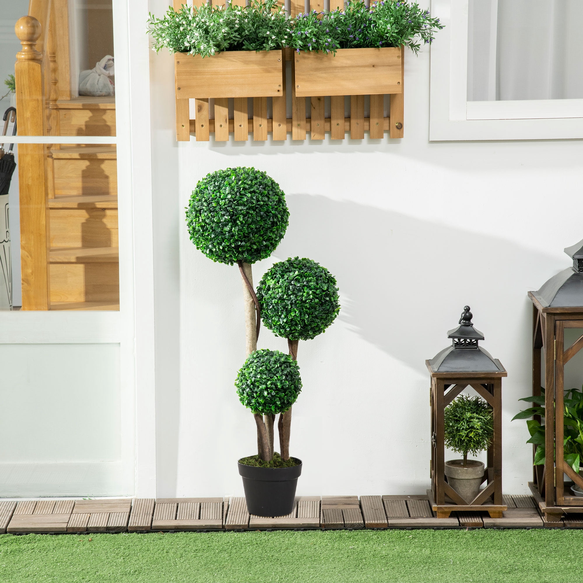 HOMCOM 35.5" Artificial Plant for Home Decor Indoor & Outdoor Fake Plant Artificial Tree in Pot, Ball Boxwood Topiary Tree, Dark Green