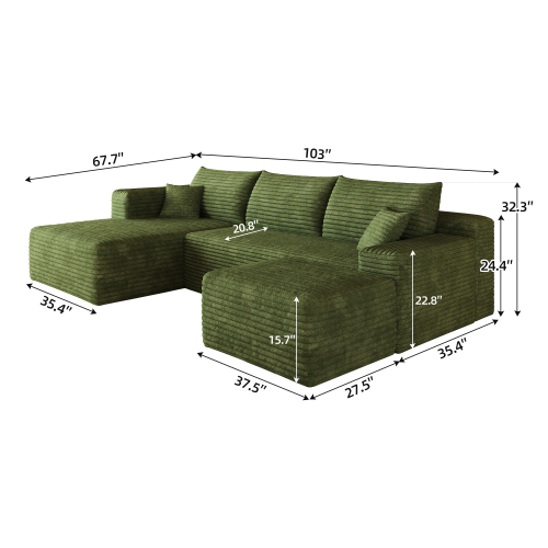 103" Cloud Sectional Sofa, Modern L Shaped Deep Seat Couch, Plush Corduroy Upholstered Sofa No Assembly, Living Room